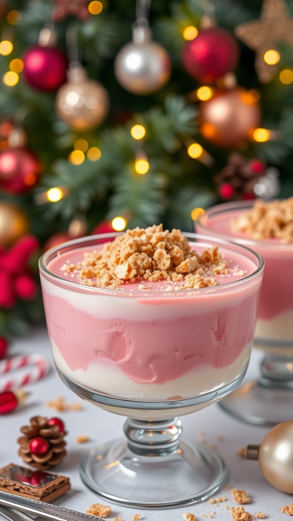 Colorful pink and white layered gelatin dessert in a clear dish, garnished with crumbs, set against a festive Christmas backdrop.